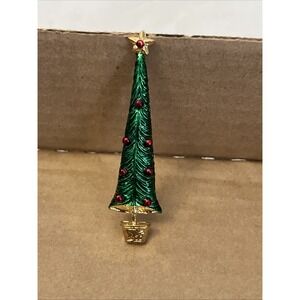 Vintage Christmas Tall Tree‎ Pin Gold Green Red 3" X 1" Brooch Holiday Clasp